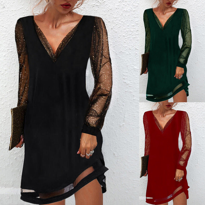 Rachael – Solid Lace Trim Sleeves V Neck Pullover Dress