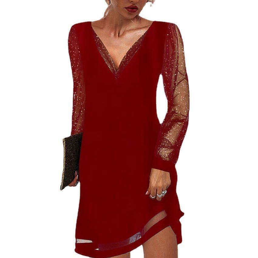 Rachael – Solid Lace Trim Sleeves V Neck Pullover Dress