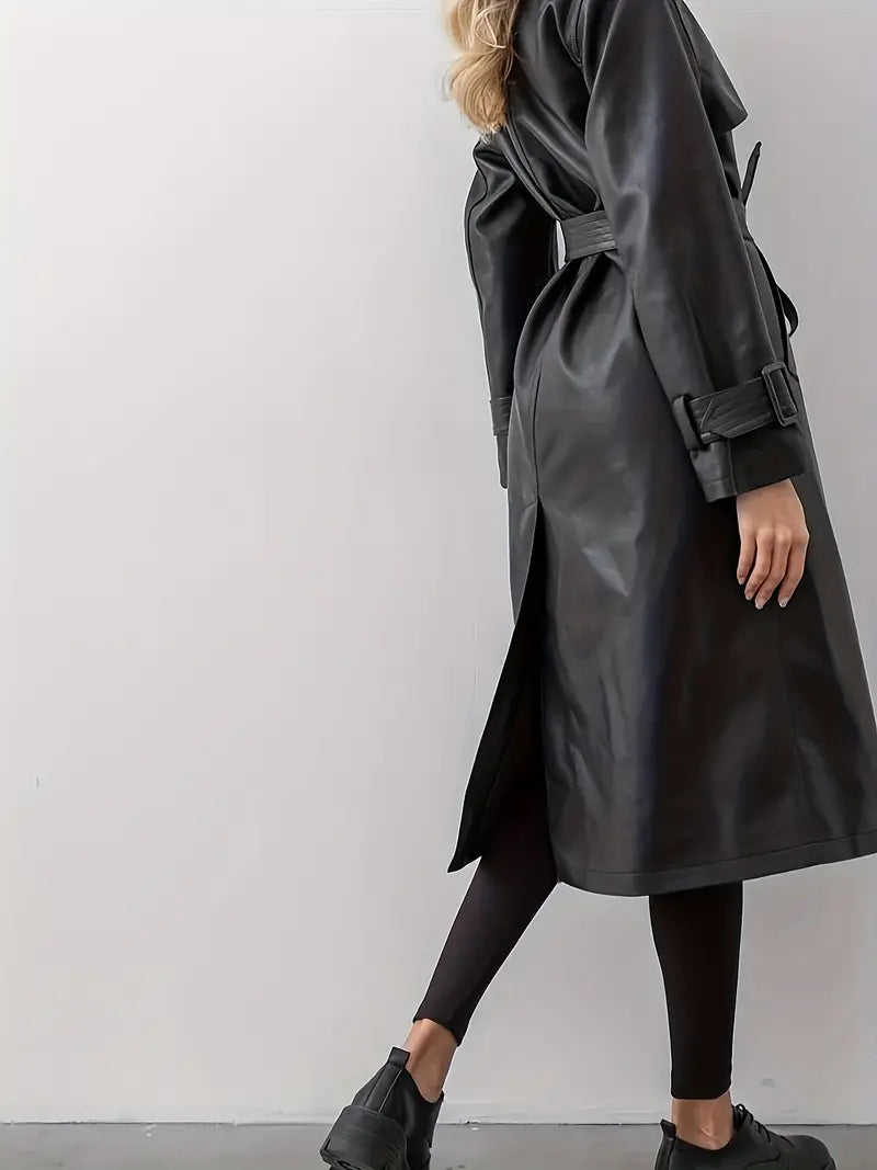 Women's Long Trench Coat - Double-Breasted Belted Elegant Overcoat