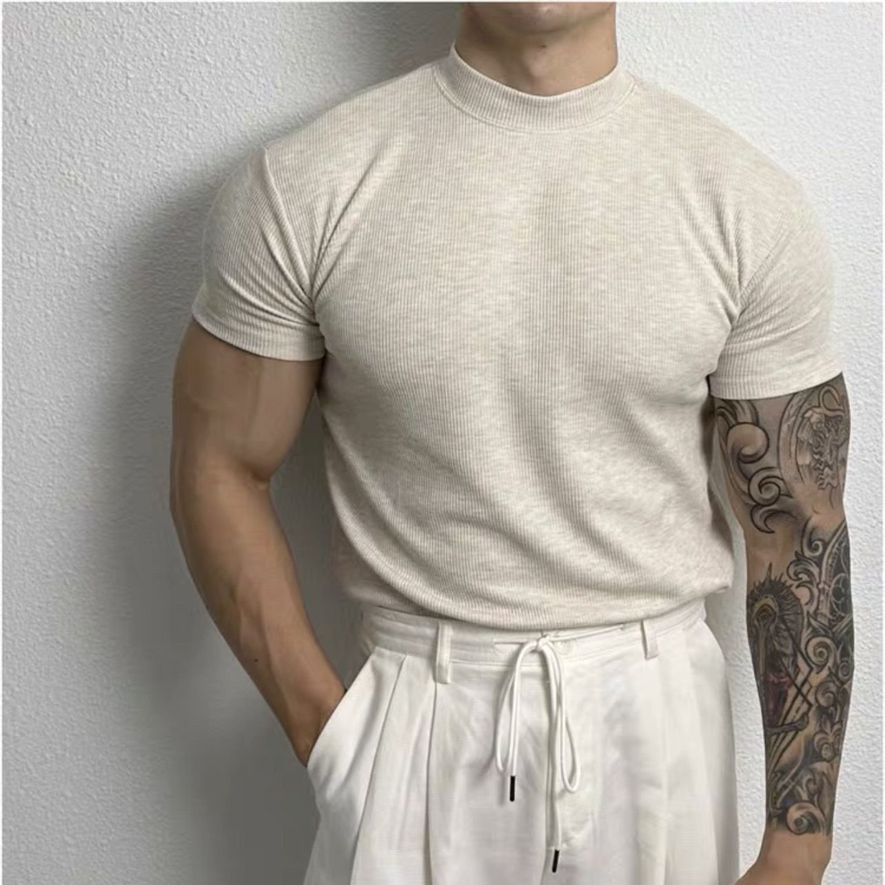 Stephen – American-style Solid Color Half Collar Stretch T-shirt
