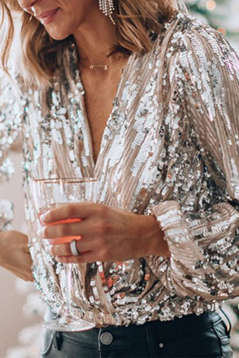 Women's Sequin Wrap Blouse Elegant Party Slim Fit Top