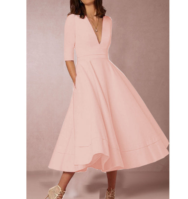 Women's Elegant V-Neck Midi Princess Dress with Sleeves for Special Occasions
