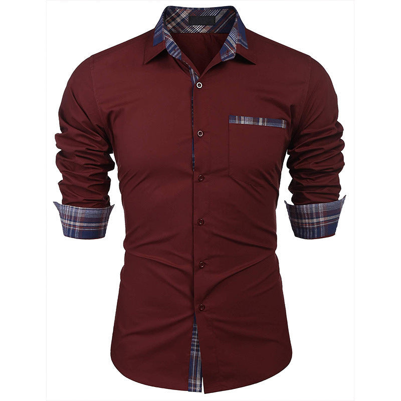Men's Slim Fit Plaid Detail Dress Shirt, Casual Business Long Sleeve Button-Up