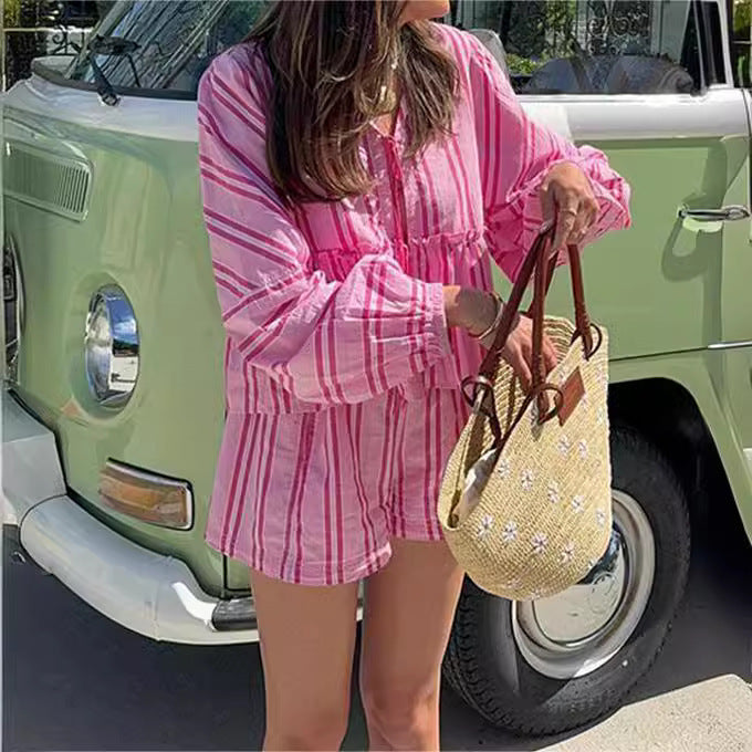 Helen – Striped Lace-up Lantern Sleeve Ruffled Top Suit