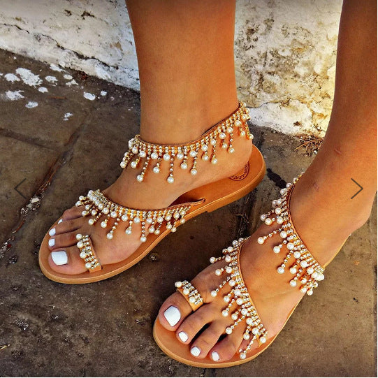 Ruth – Comfortable Flat Pearl String Bead Slippers
