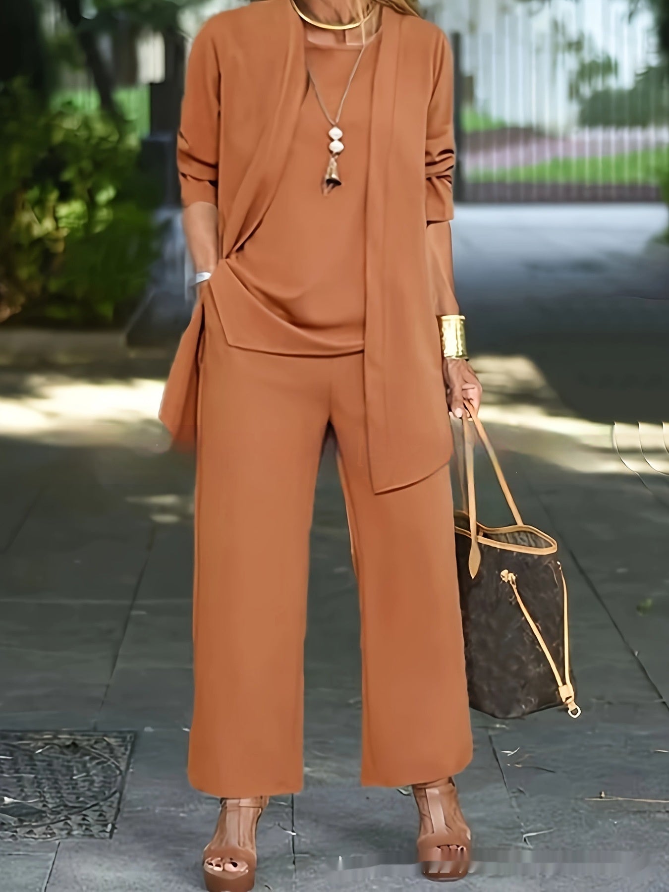 Julia – Premium Vegan Leather Split Round Neck Sleeveless Vest Top with Long Sleeve Cardigan and Wide Leg Pants Suit