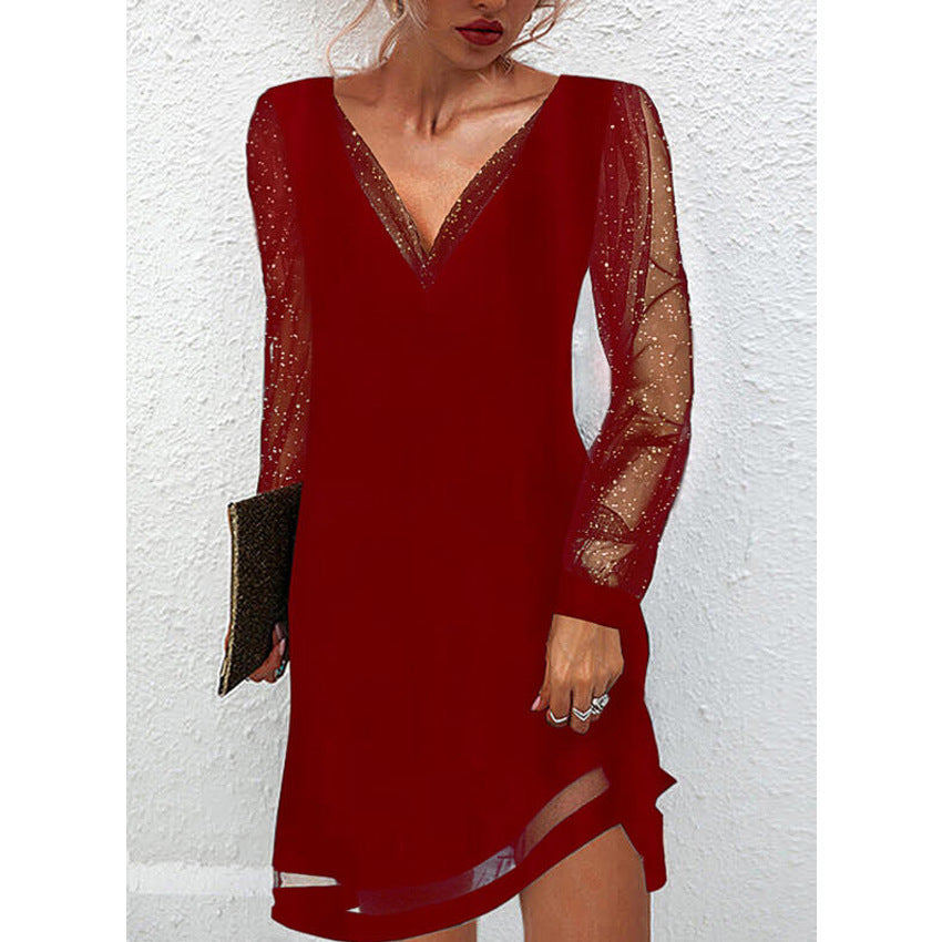 Rachael – Solid Lace Trim Sleeves V Neck Pullover Dress