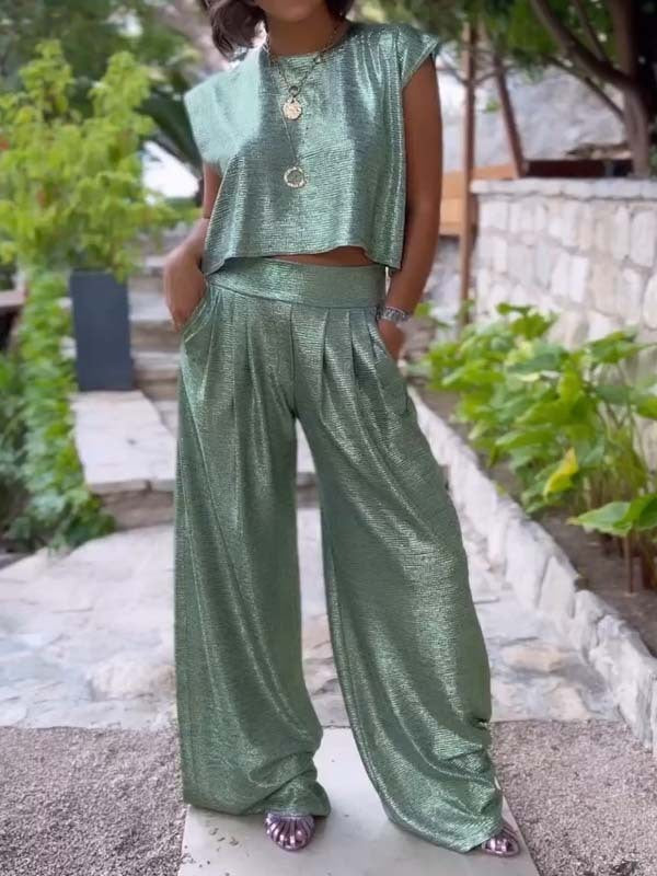 Hannah – Women's Casual Glossy Vest and Wide Leg Pants Set