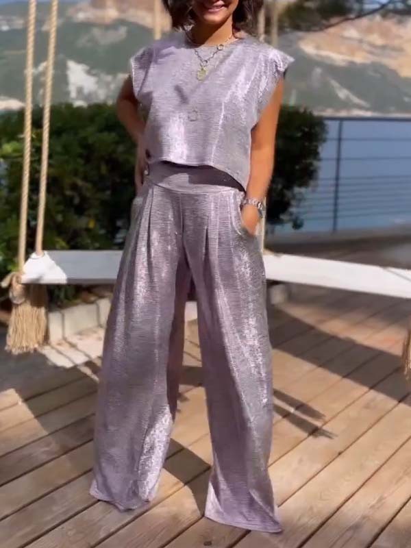Hannah – Women's Casual Glossy Vest and Wide Leg Pants Set
