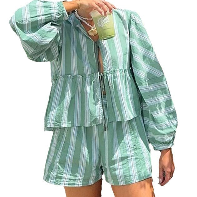 Helen – Striped Lace-up Lantern Sleeve Ruffled Top Suit