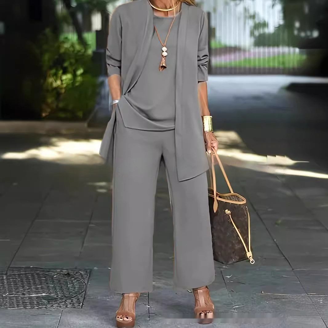 Julia – Premium Vegan Leather Split Round Neck Sleeveless Vest Top with Long Sleeve Cardigan and Wide Leg Pants Suit