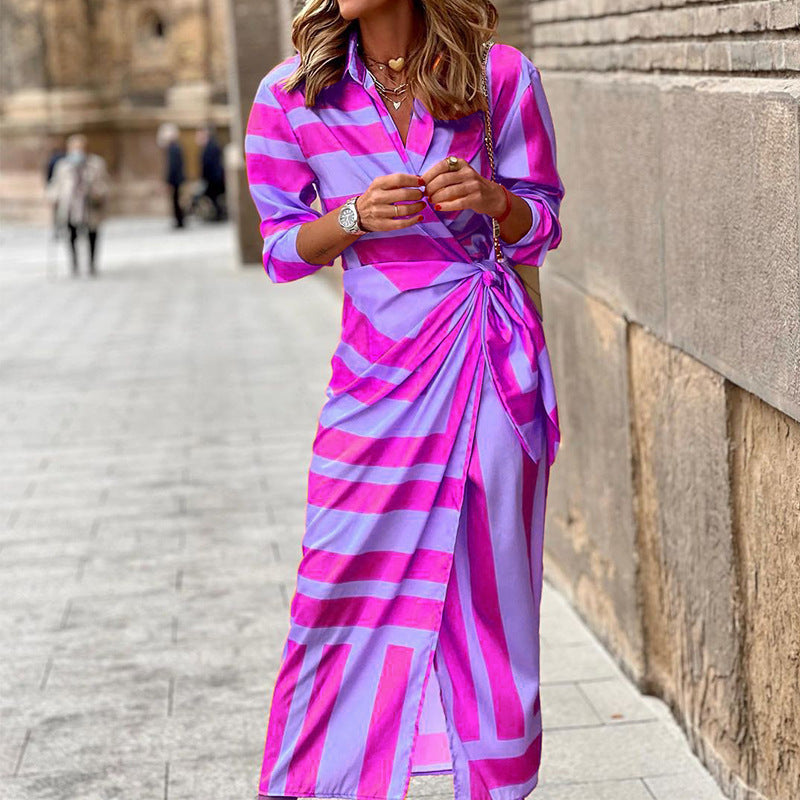 Laura – Striped Printed Dress with Lace-up Cardigan