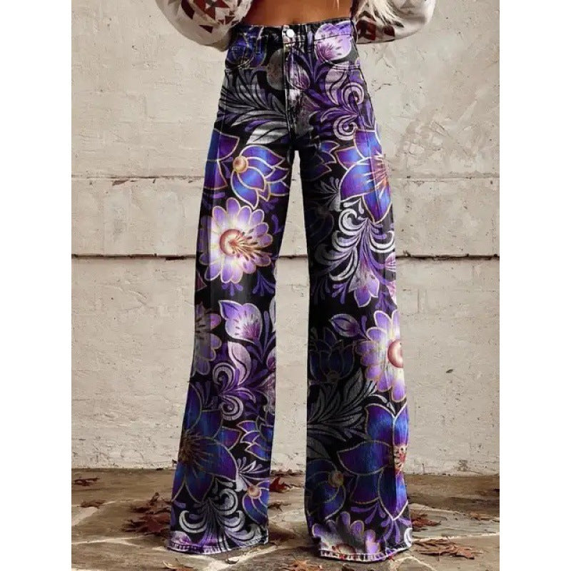 Samantha – Fashion Women's Printed High Waist Loose Thin Premium Vegan Denim Wide Leg Pants