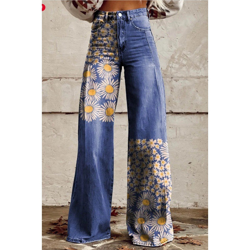 Samantha – Fashion Women's Printed High Waist Loose Thin Premium Vegan Denim Wide Leg Pants