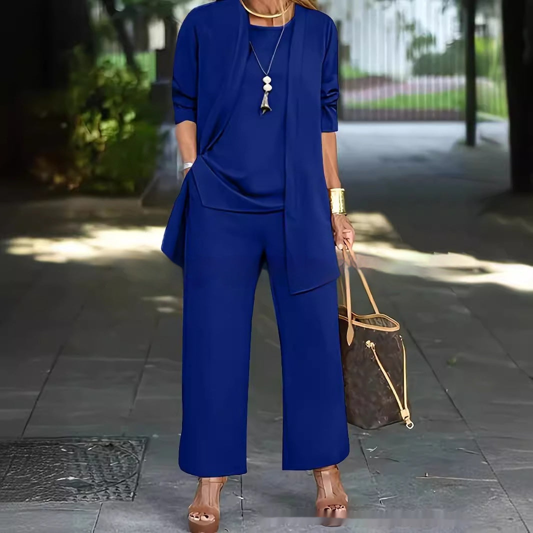 Julia – Premium Vegan Leather Split Round Neck Sleeveless Vest Top with Long Sleeve Cardigan and Wide Leg Pants Suit