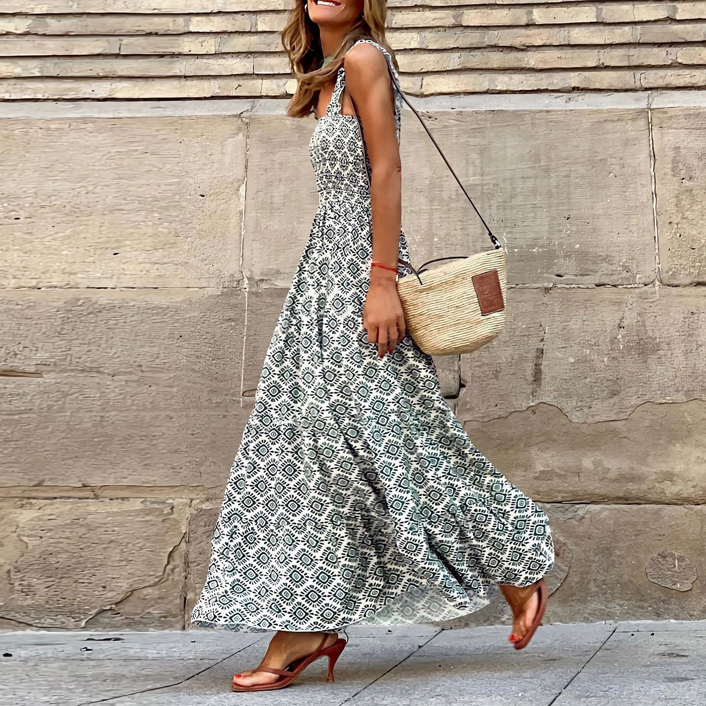 Helen – Elegant Floral Print French Strap Summer Dress