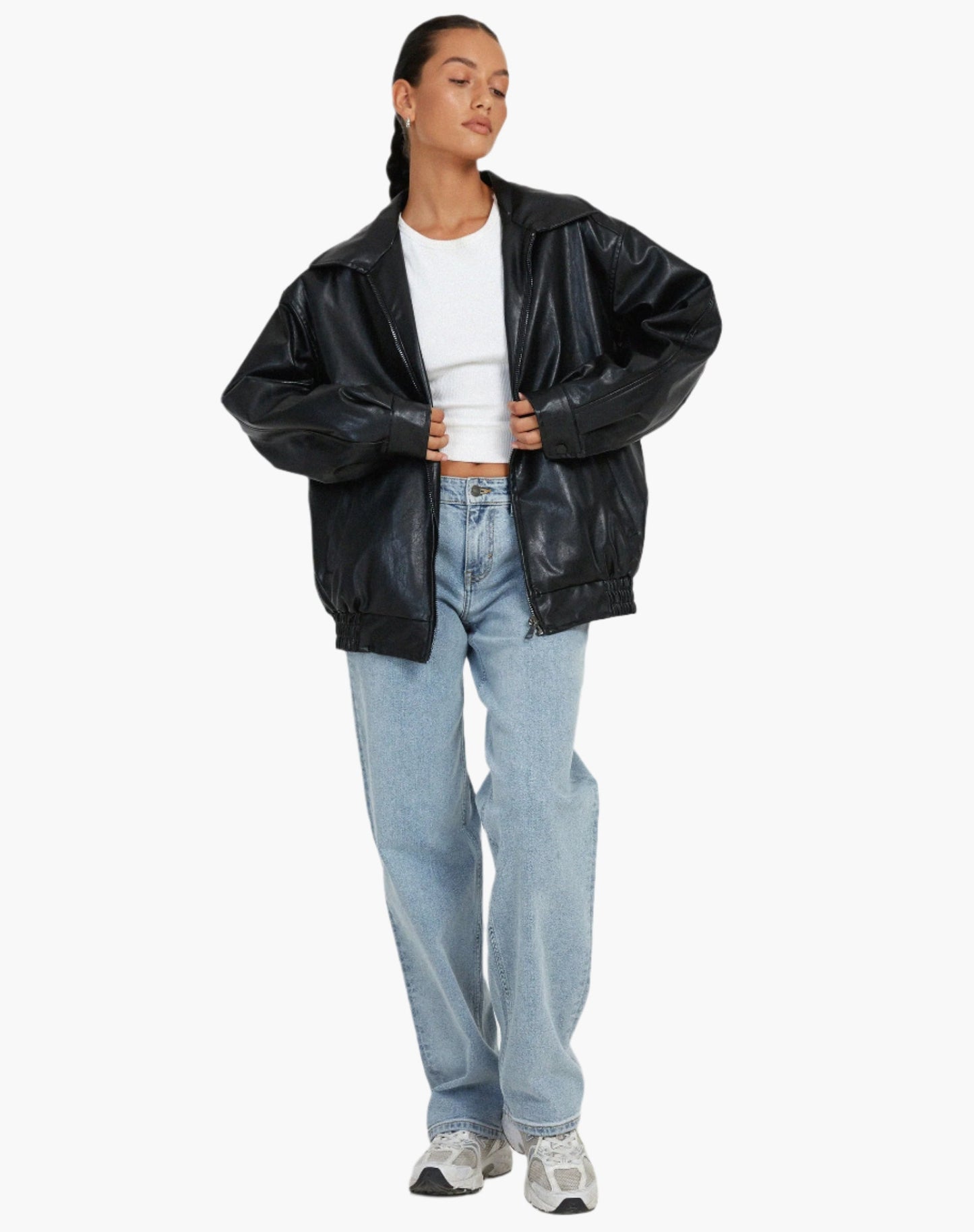 Women's Oversized Faux Leather Bomber Jacket – Trendy Relaxed Fit for Casual and Night Out Style