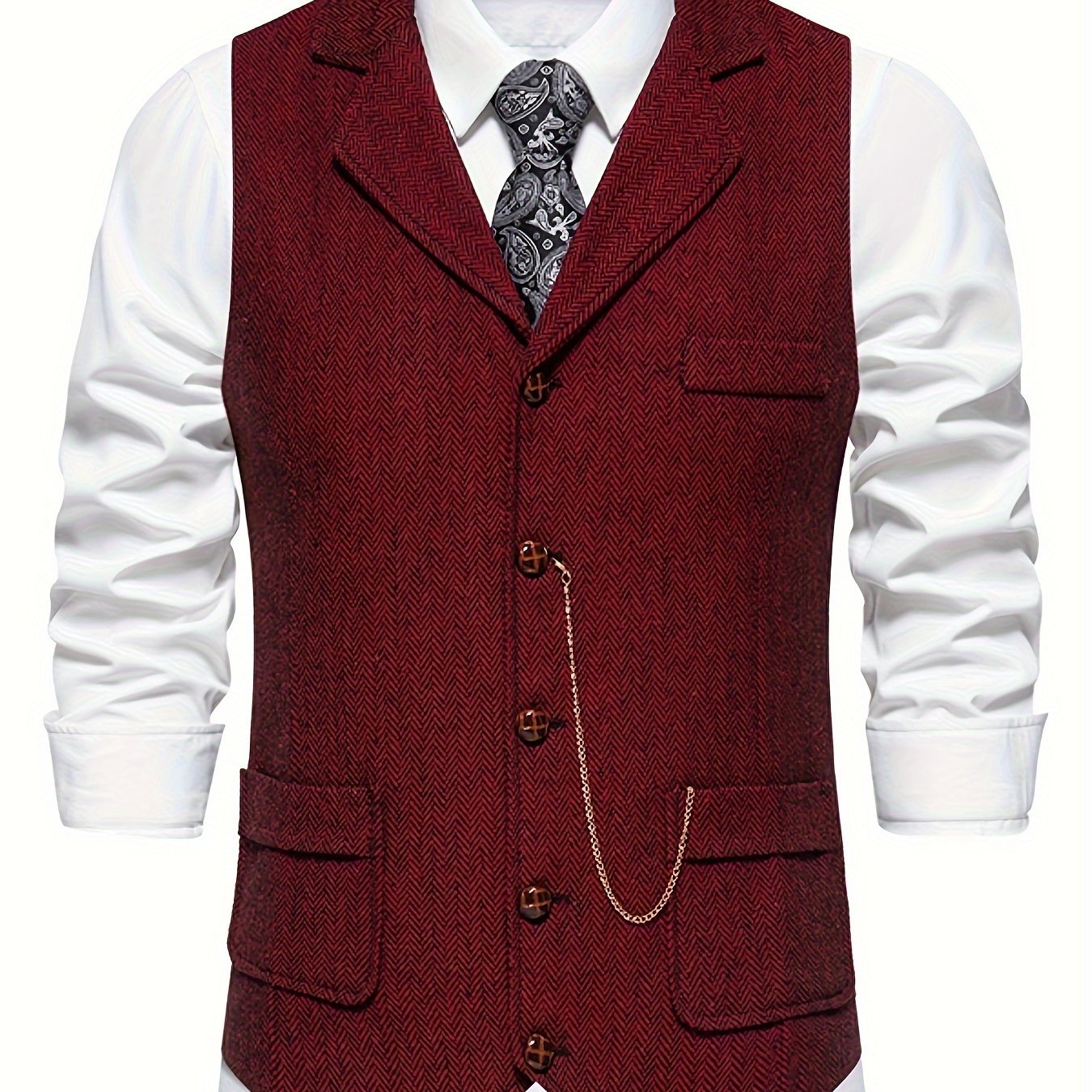 Men's Classic Herringbone Suit Vest with Lapel – Formal Business Waistcoat