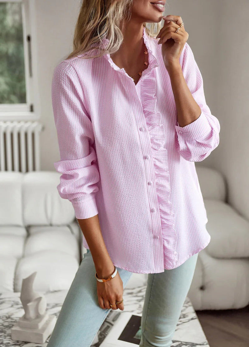 Women's Ruffled Button-Up Casual Blouse – Elegant Versatile Office & Everyday Style