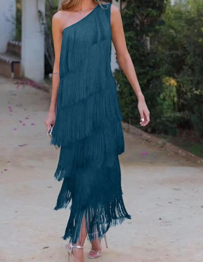 Andrea – Layered Fringe Design Dress with Diagonal Collar