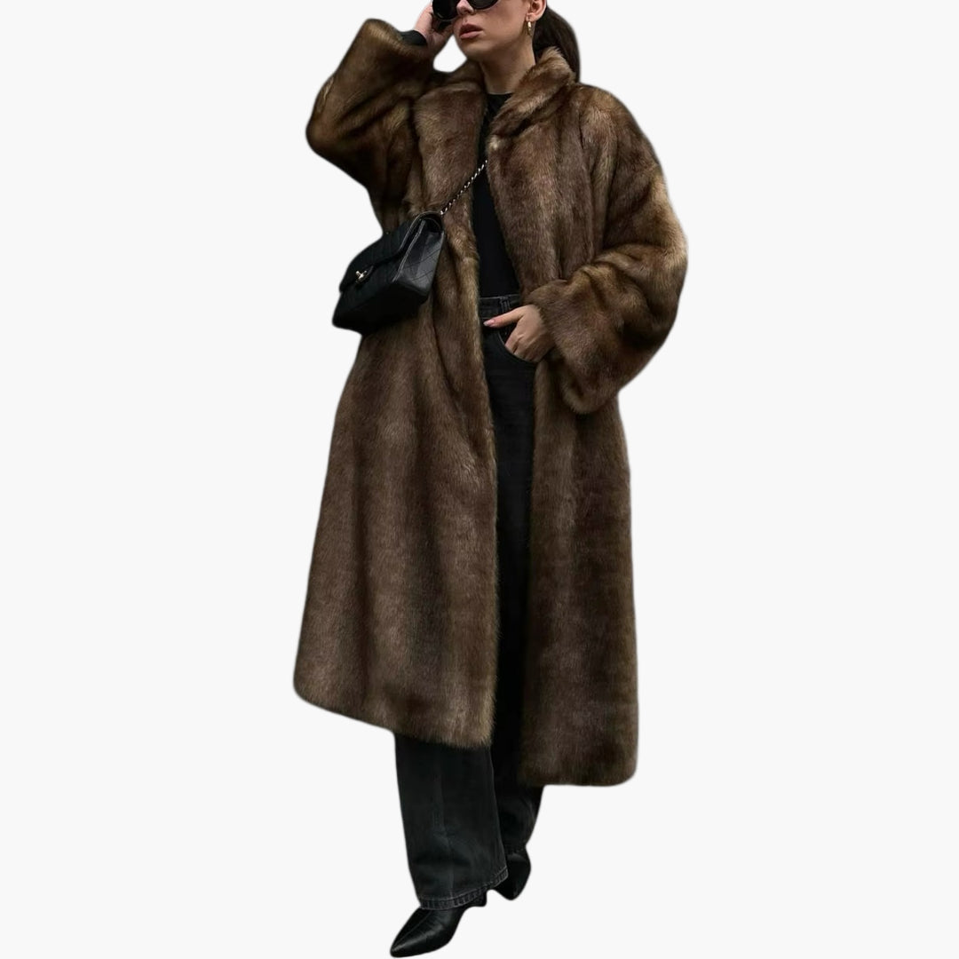 Women's Long Faux Fur Trench Coat Elegant Winter Overcoat