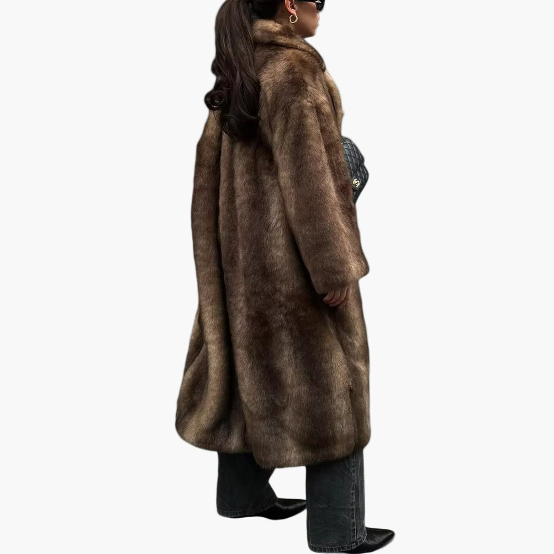 Women's Long Faux Fur Trench Coat Elegant Winter Overcoat