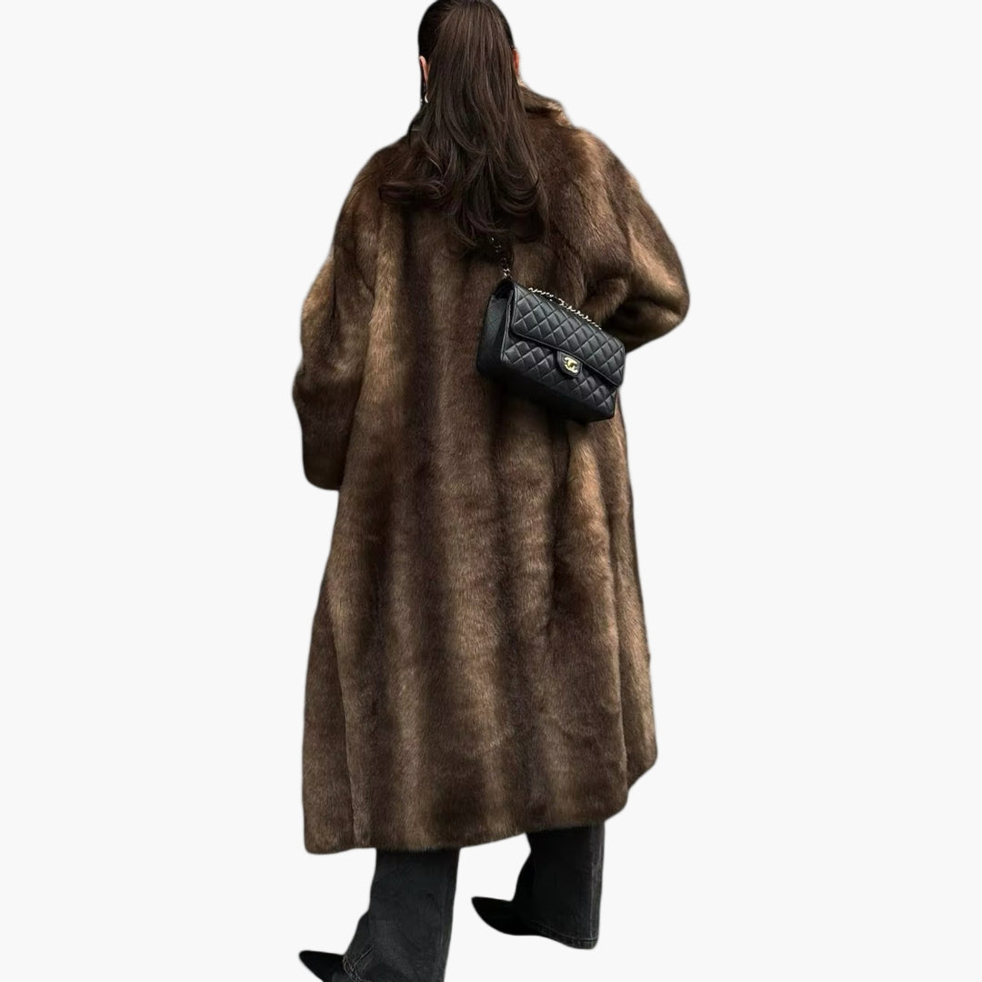Women's Long Faux Fur Trench Coat Elegant Winter Overcoat