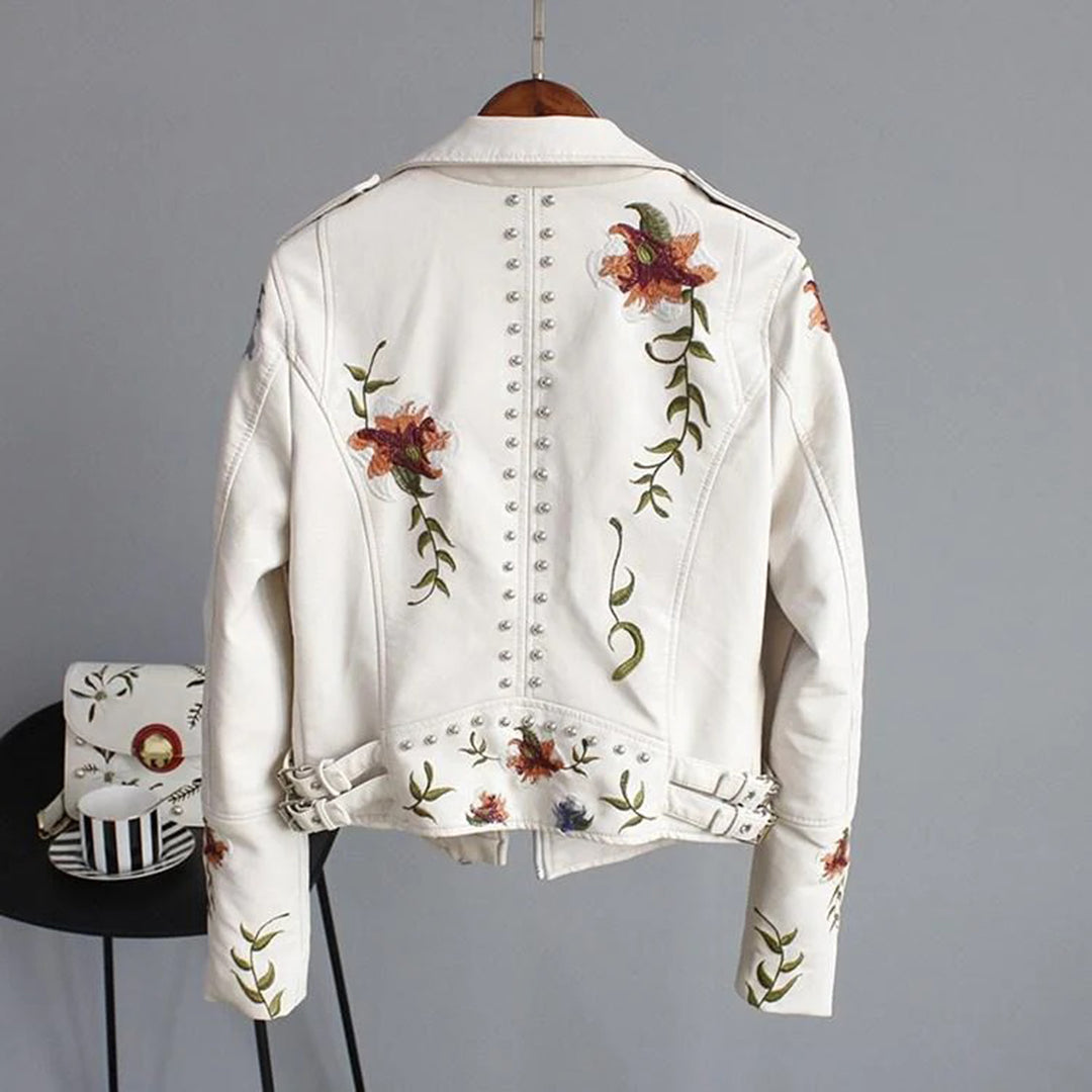Women's Embroidered Biker Jacket Faux Stylish Casual Outerwear