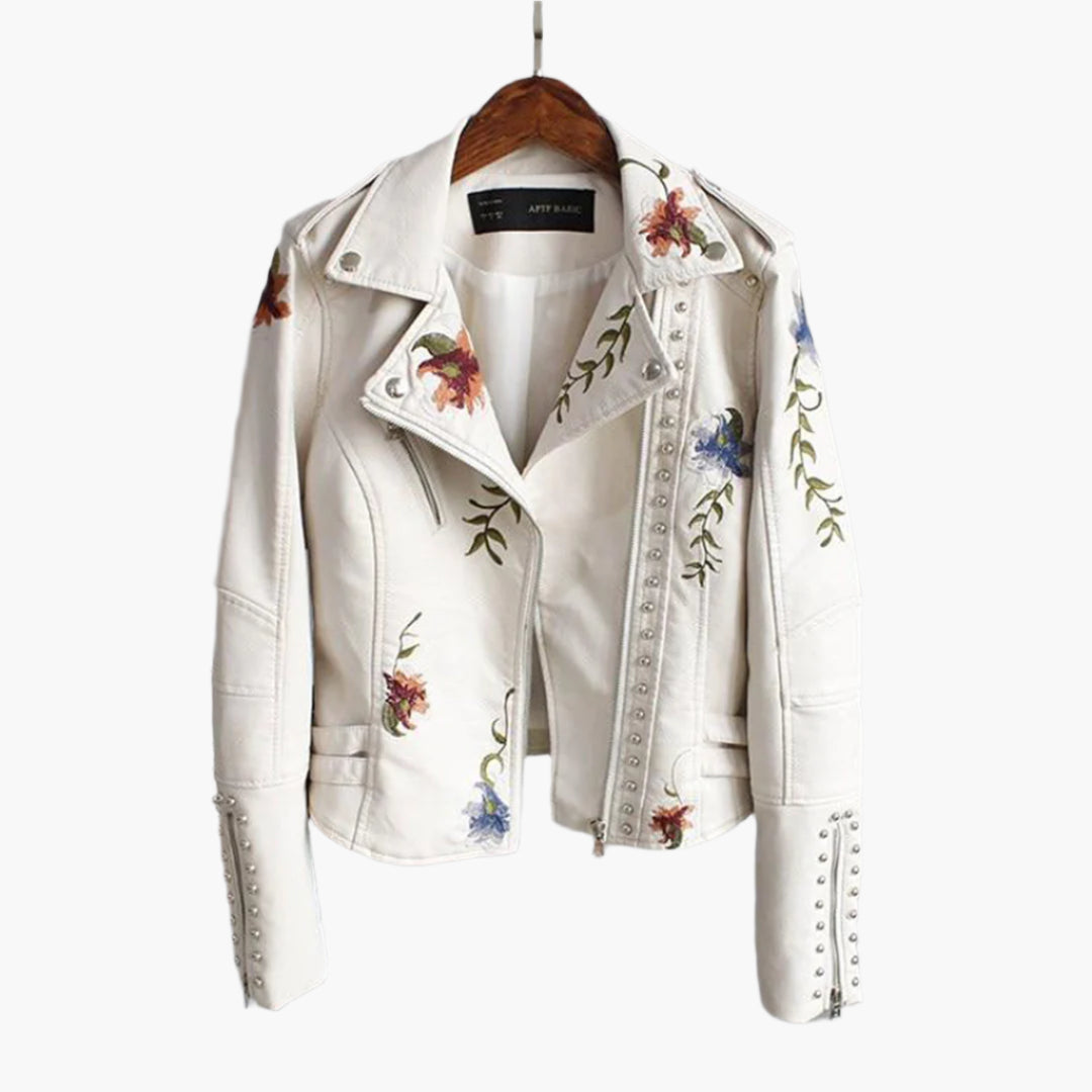 Women's Embroidered Biker Jacket Faux Stylish Casual Outerwear