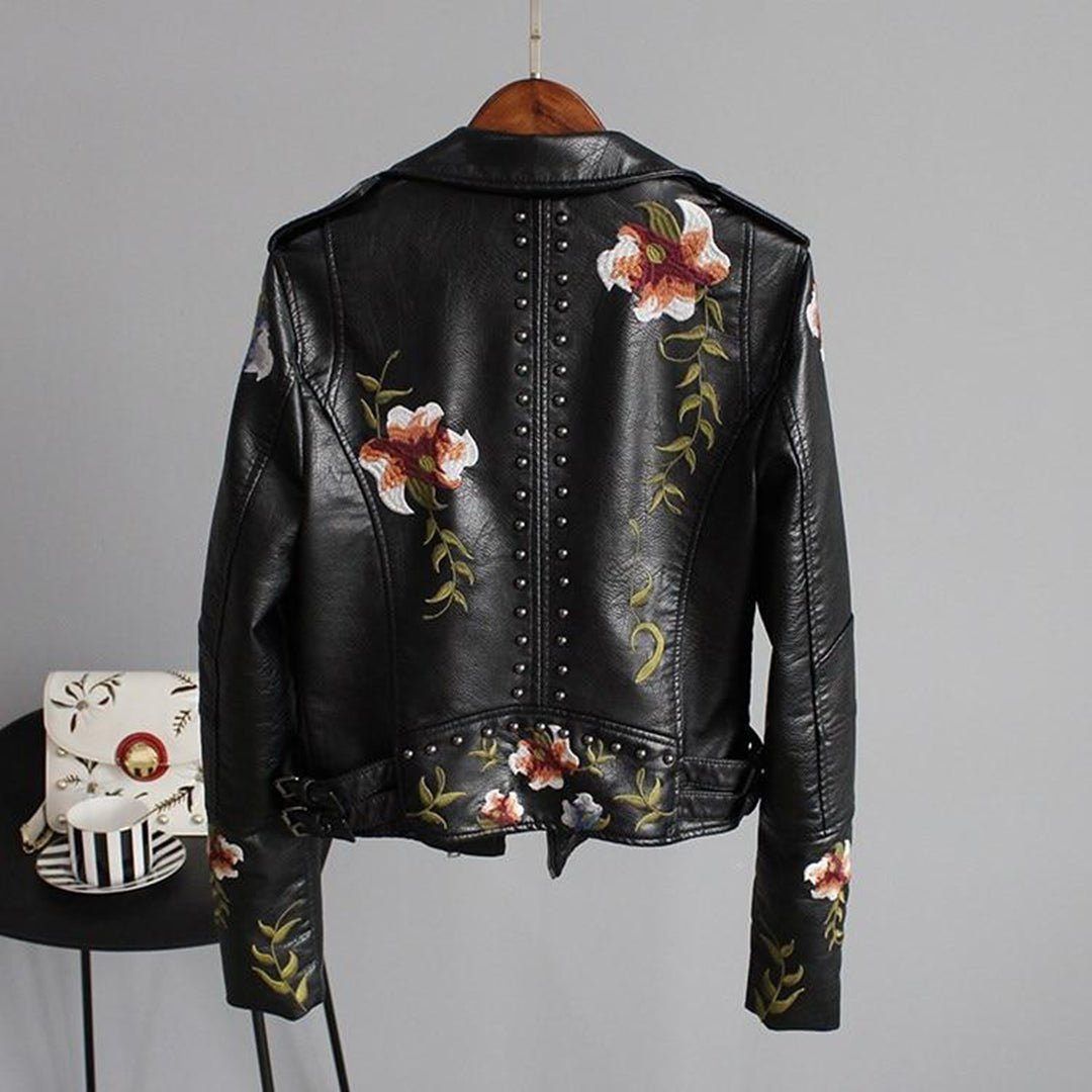 Women's Embroidered Biker Jacket Faux Stylish Casual Outerwear