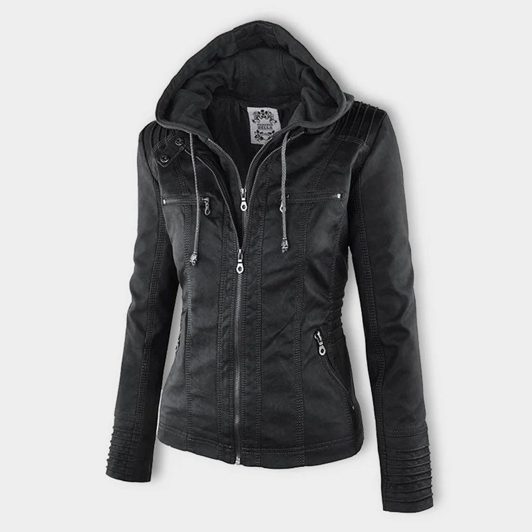 Women's Vegan Leather Hooded Moto Jacket with Zipper – Stylish and Functional Fall Outerwear