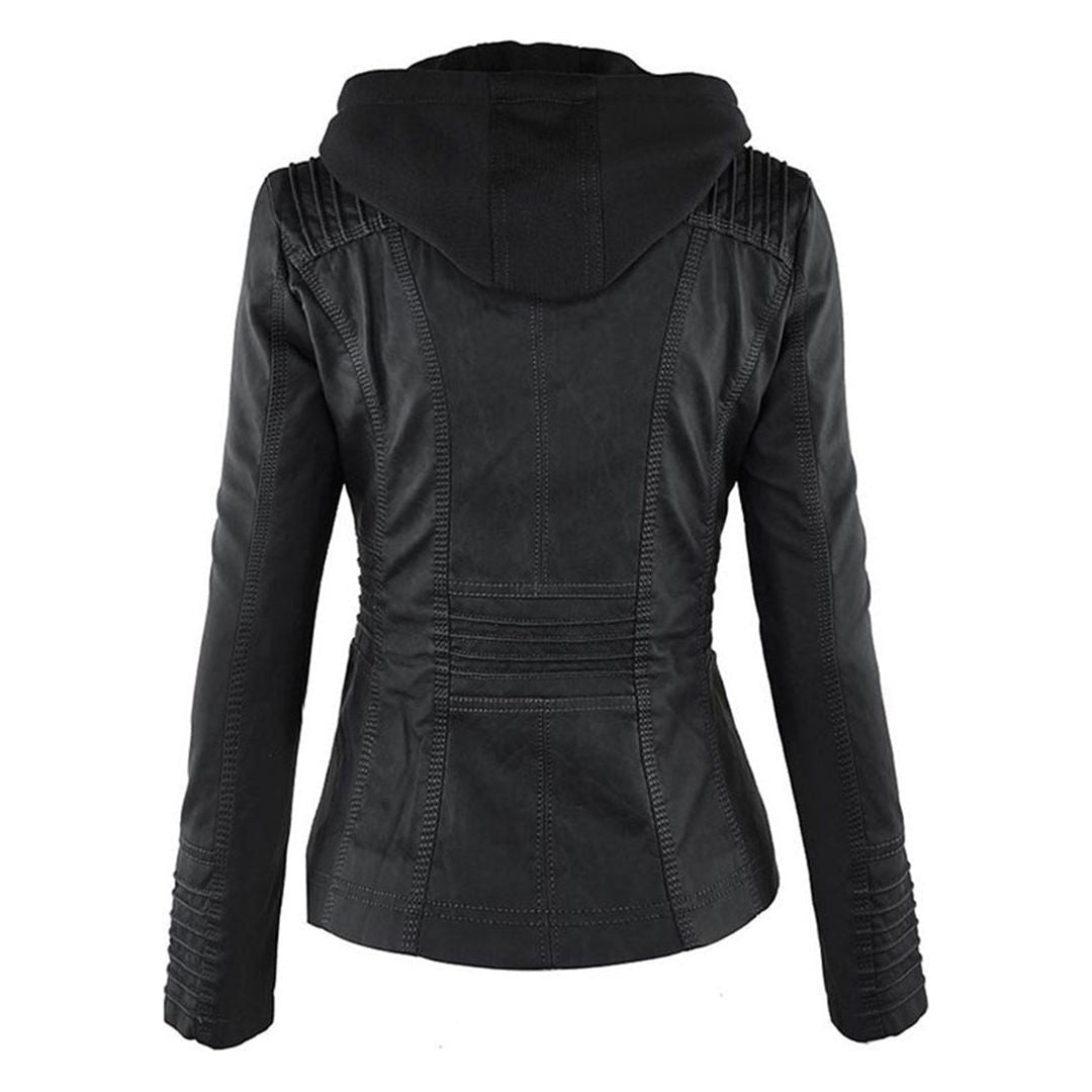 Women's Vegan Leather Hooded Moto Jacket with Zipper – Stylish and Functional Fall Outerwear