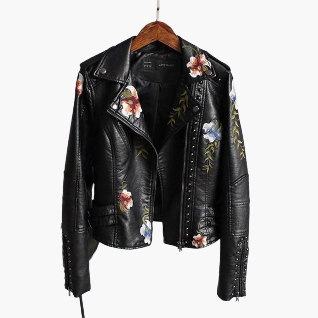 Women's Embroidered Biker Jacket Faux Stylish Casual Outerwear