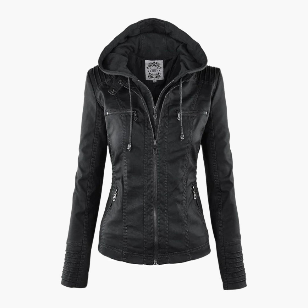 Women's Vegan Leather Hooded Moto Jacket with Zipper – Stylish and Functional Fall Outerwear