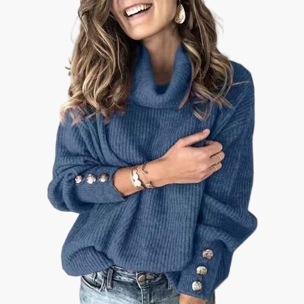 Women's Cozy Pullover Turtleneck Sweater with Button Sleeve Detail – Casual Relaxed Fit