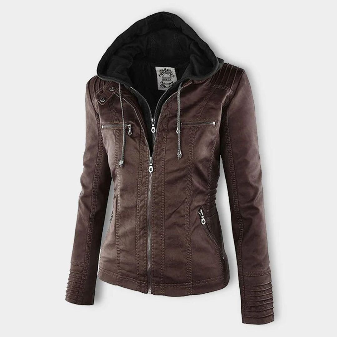 Women's Vegan Leather Hooded Moto Jacket with Zipper – Stylish and Functional Fall Outerwear