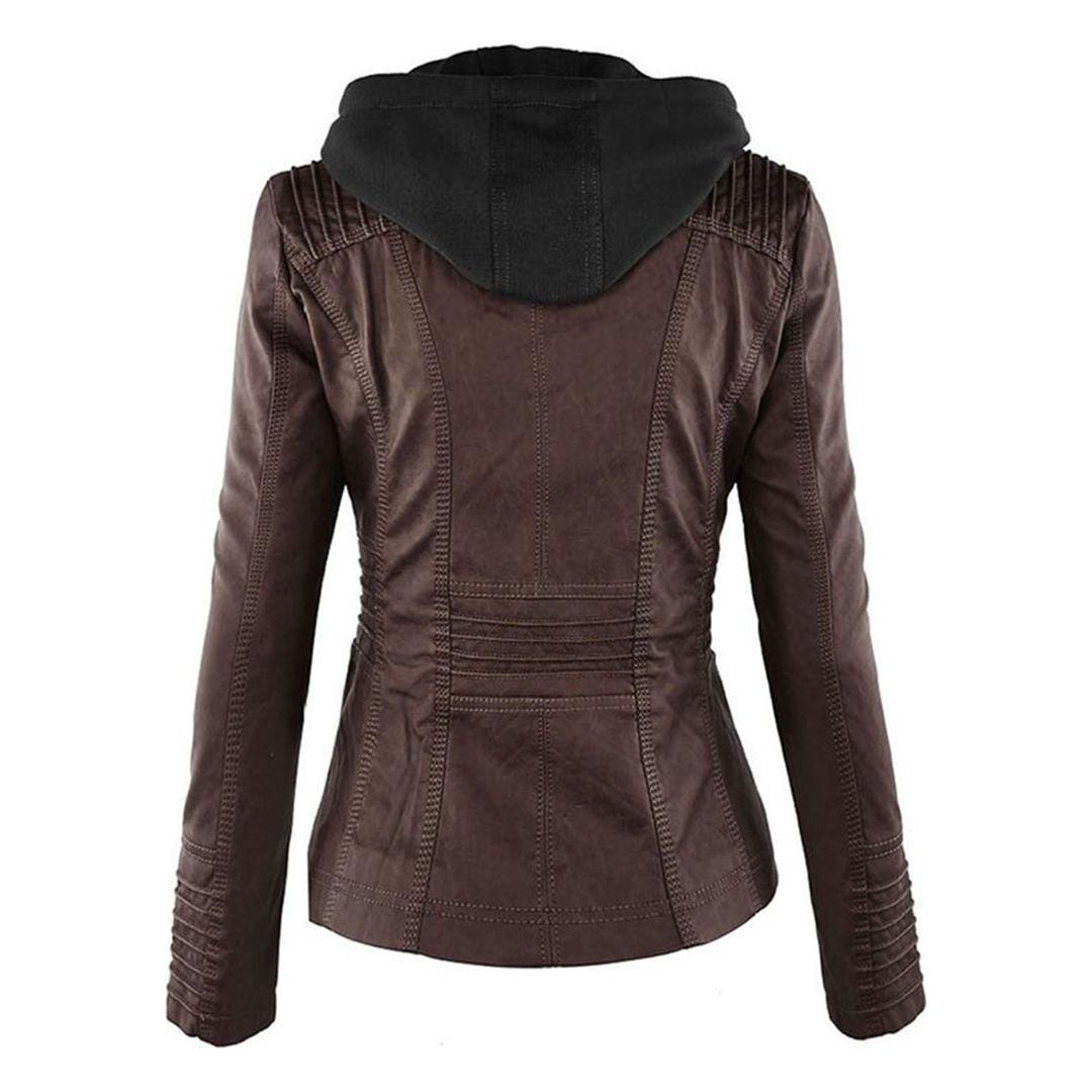 Women's Vegan Leather Hooded Moto Jacket with Zipper – Stylish and Functional Fall Outerwear