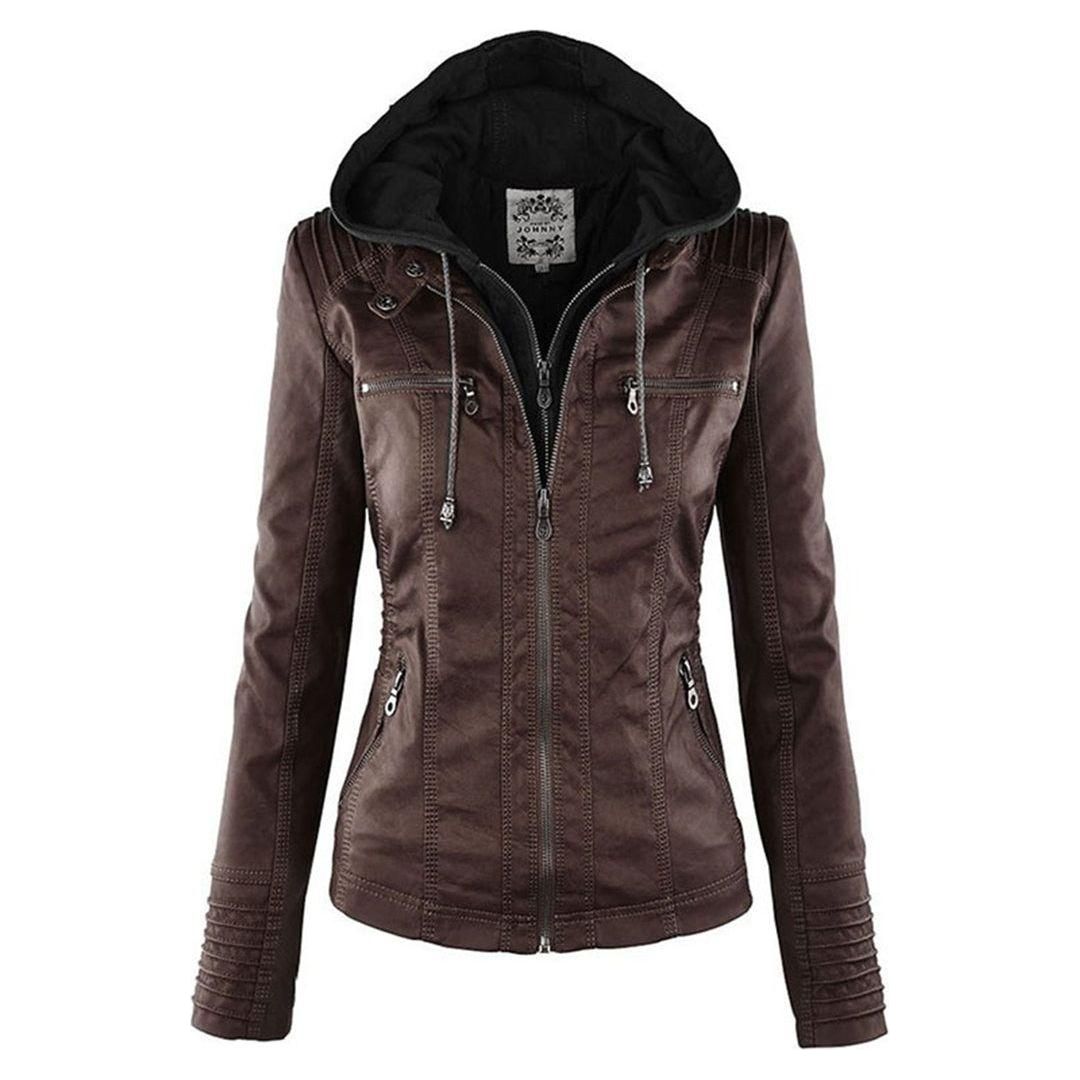 Women's Vegan Leather Hooded Moto Jacket with Zipper – Stylish and Functional Fall Outerwear