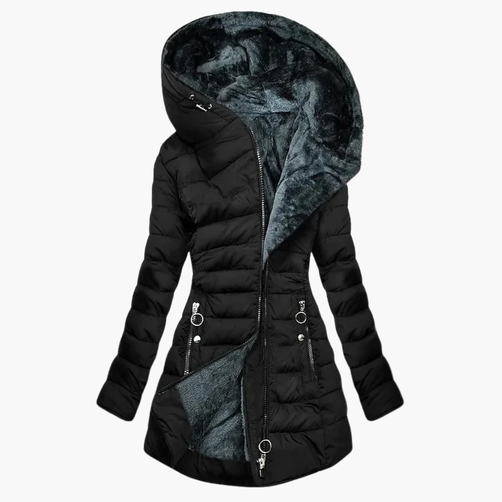 Women's Elegant Plush Winter Puffer Coat with Large Hood – Fashionable Long Quilted Jacket for Cold Weather