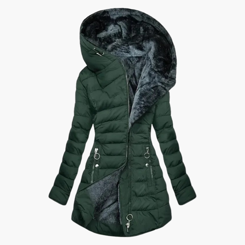 Women's Elegant Plush Winter Puffer Coat with Large Hood – Fashionable Long Quilted Jacket for Cold Weather