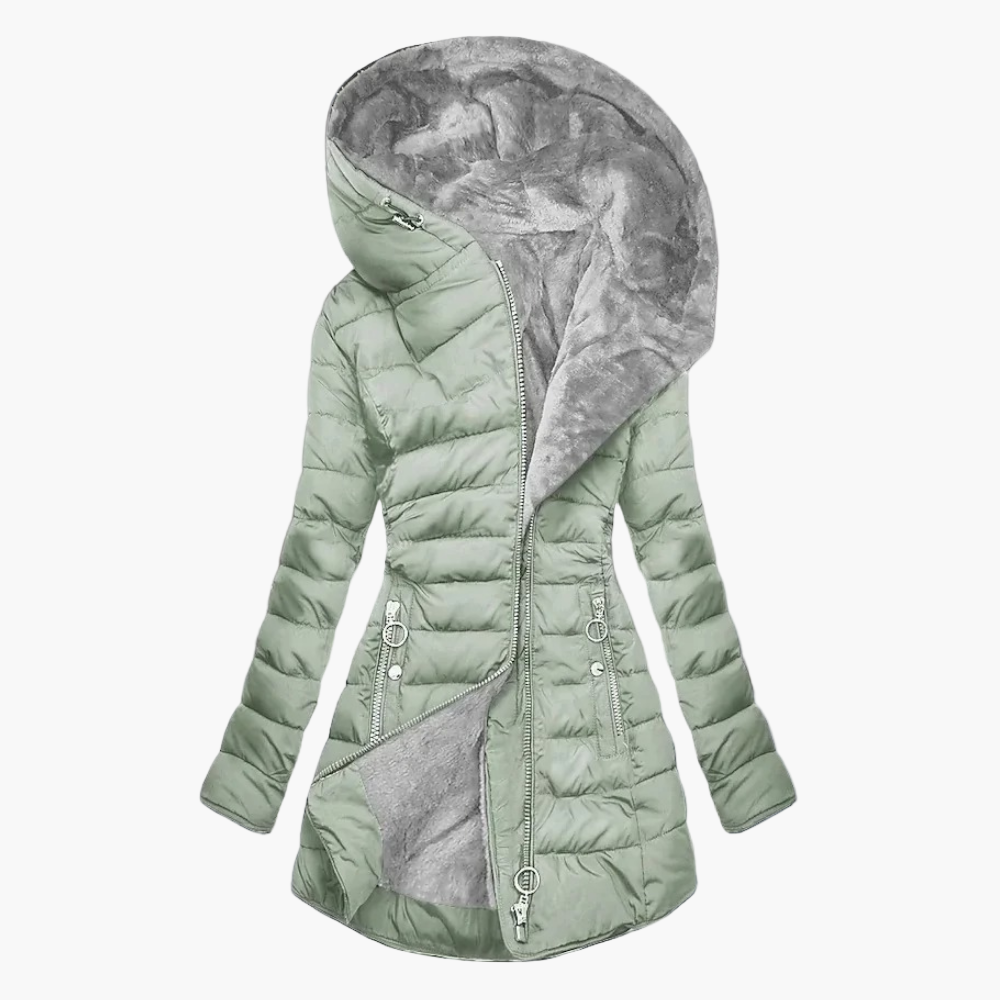 Women's Elegant Plush Winter Puffer Coat with Large Hood – Fashionable Long Quilted Jacket for Cold Weather