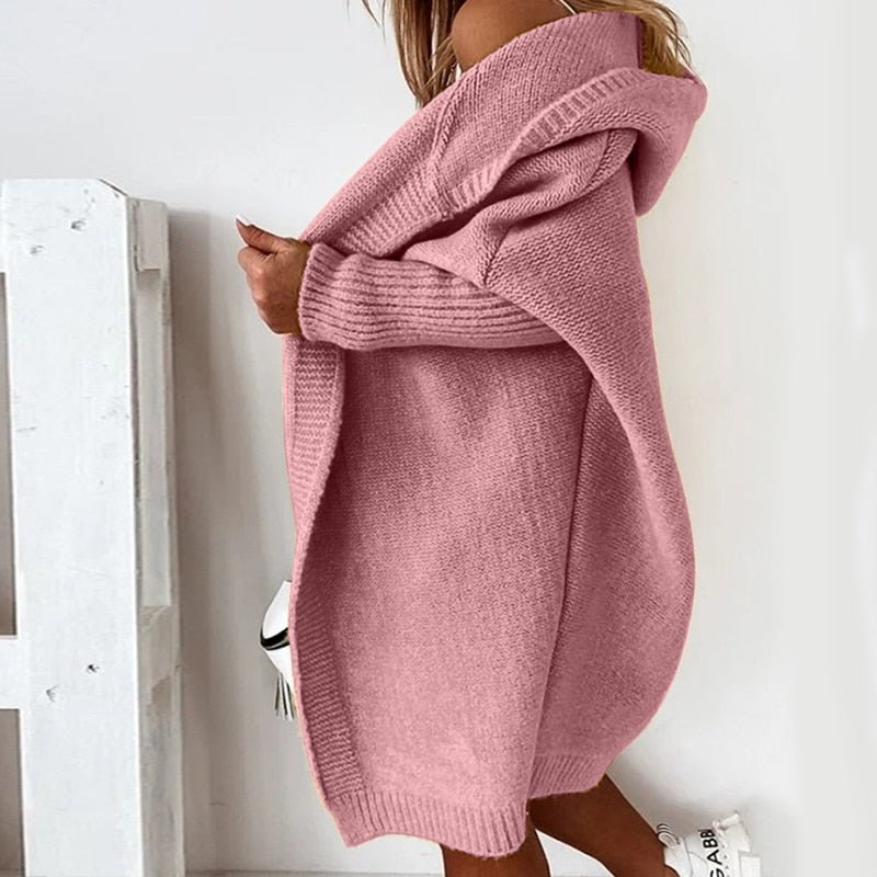 Women's Cozy Hooded Open Front Cardigan – Stylish Oversized Knit for Fall and Winter