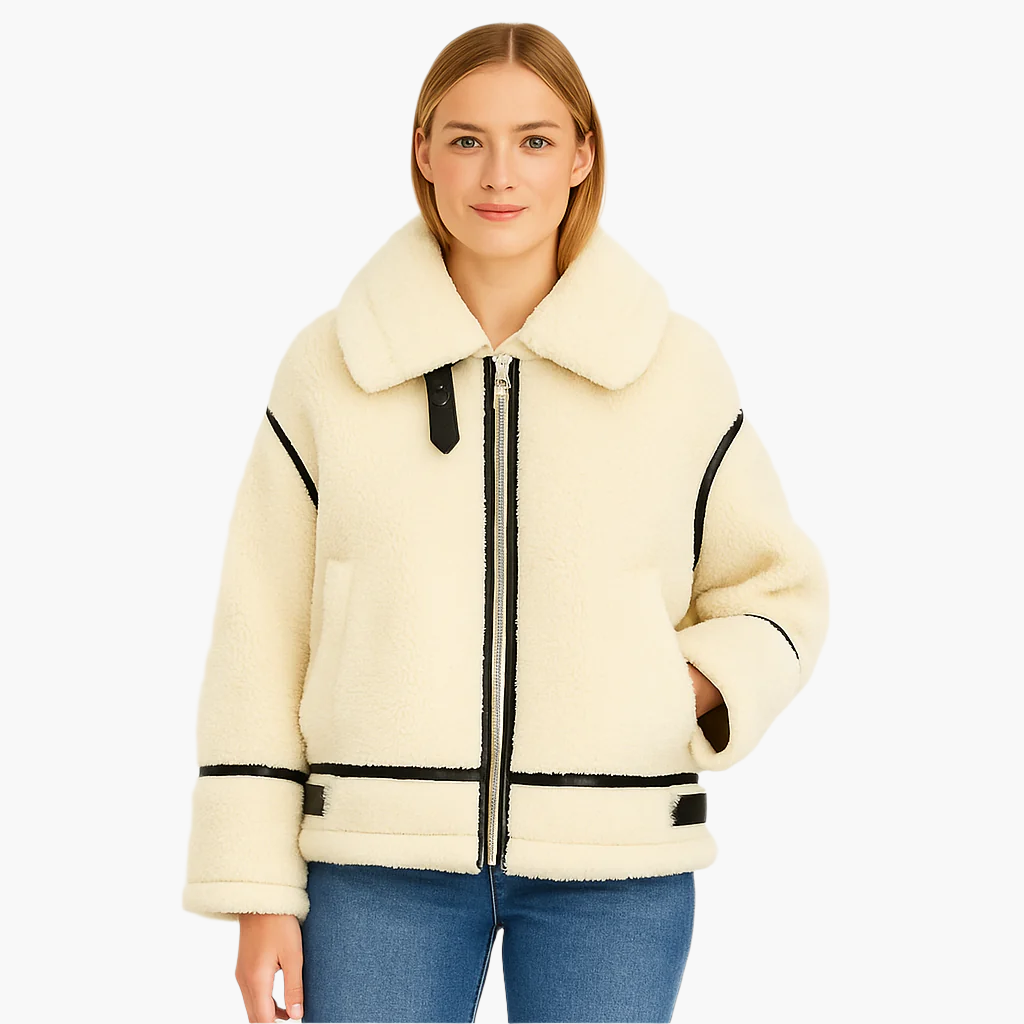 Women's Stylish Winter Faux Shearling Moto Jacket - Trendy Warm Outerwear for Everyday and Evening