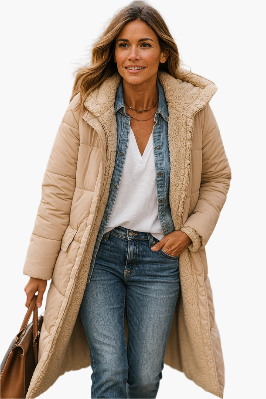 Women's Long Winter Coat with Hood and Reversible Teddy Lining – Stylish Warm Outerwear for Cold Weather