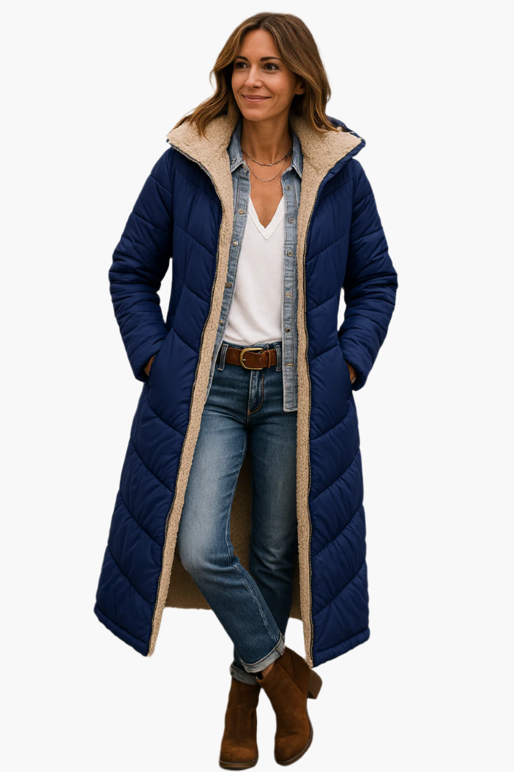 Women's Long Winter Coat with Hood and Reversible Teddy Lining – Stylish Warm Outerwear for Cold Weather