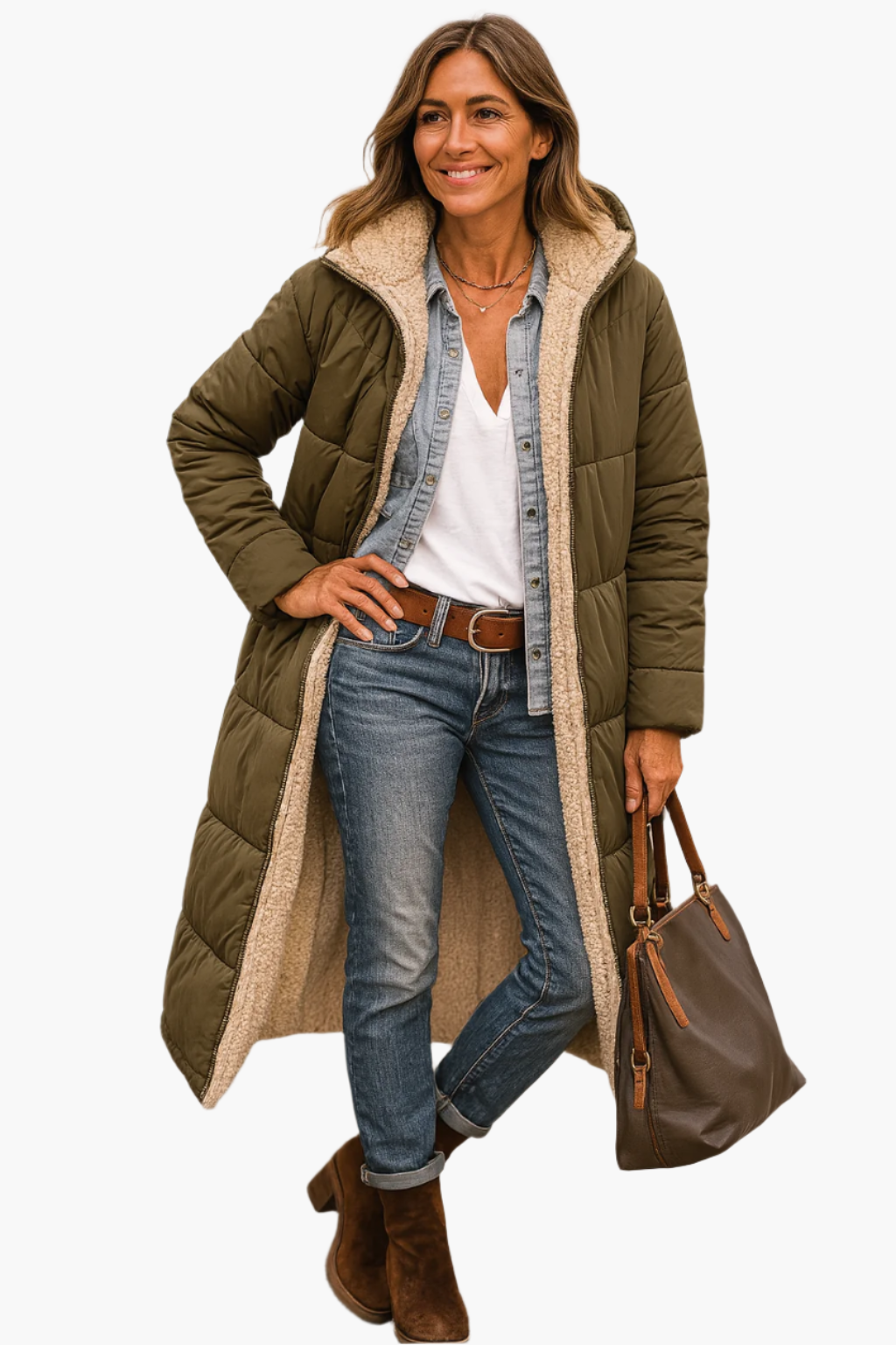 Women's Long Winter Coat with Hood and Reversible Teddy Lining – Stylish Warm Outerwear for Cold Weather