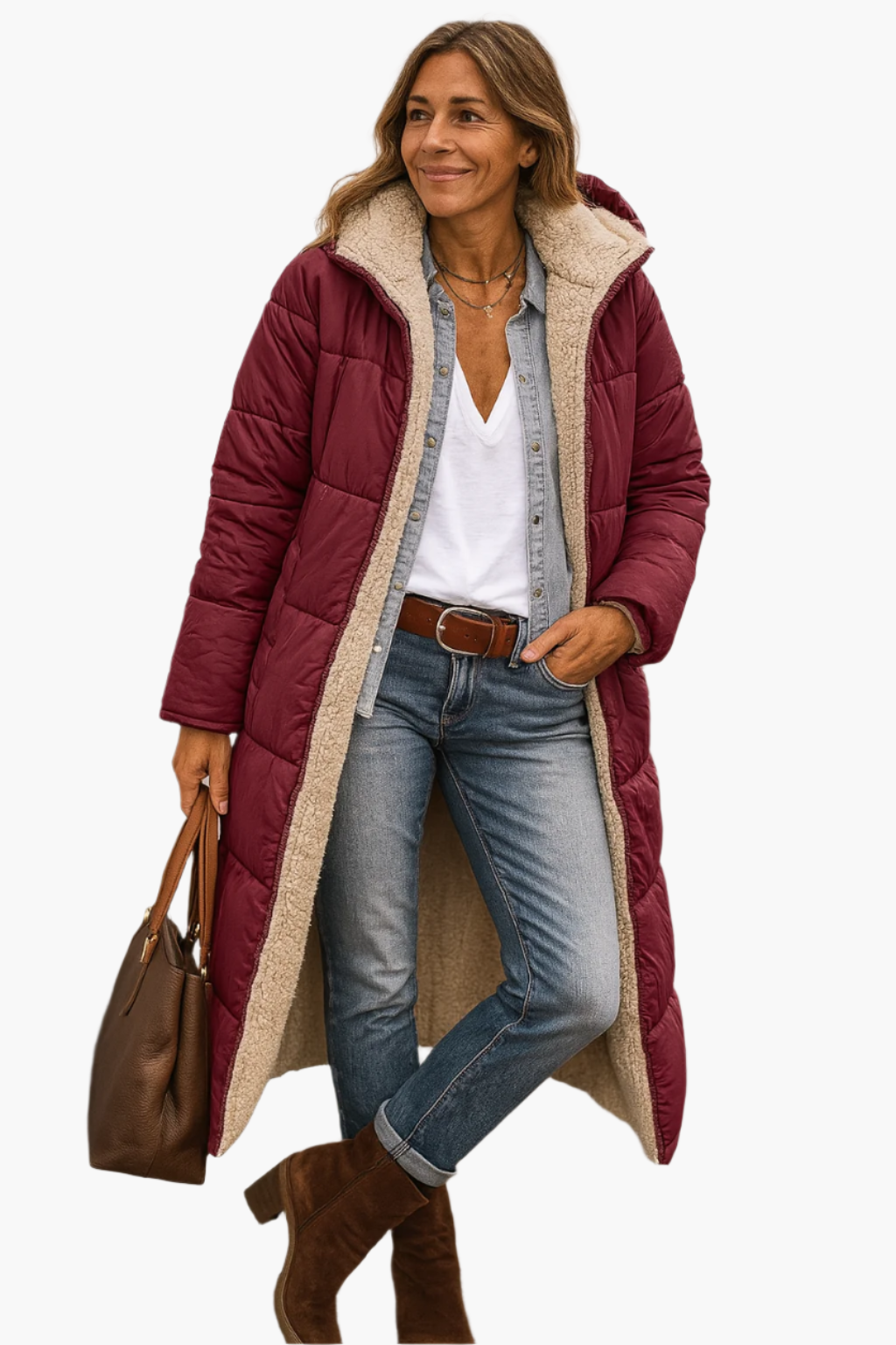 Women's Long Winter Coat with Hood and Reversible Teddy Lining – Stylish Warm Outerwear for Cold Weather