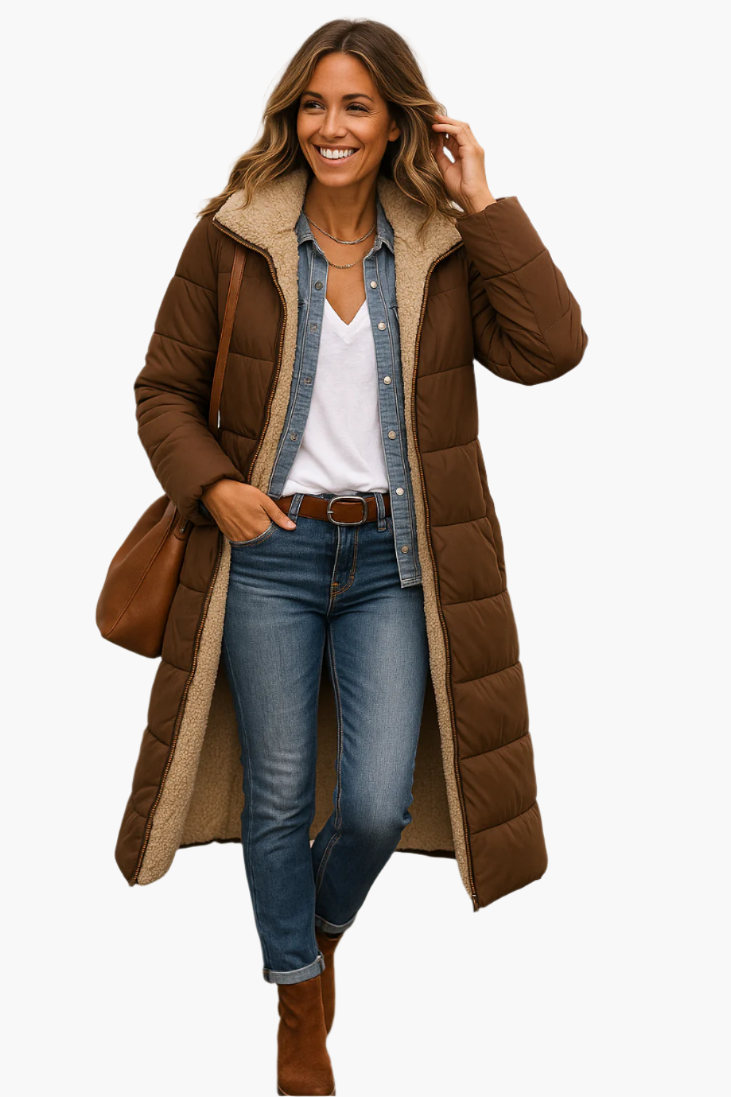 Women's Long Winter Coat with Hood and Reversible Teddy Lining – Stylish Warm Outerwear for Cold Weather