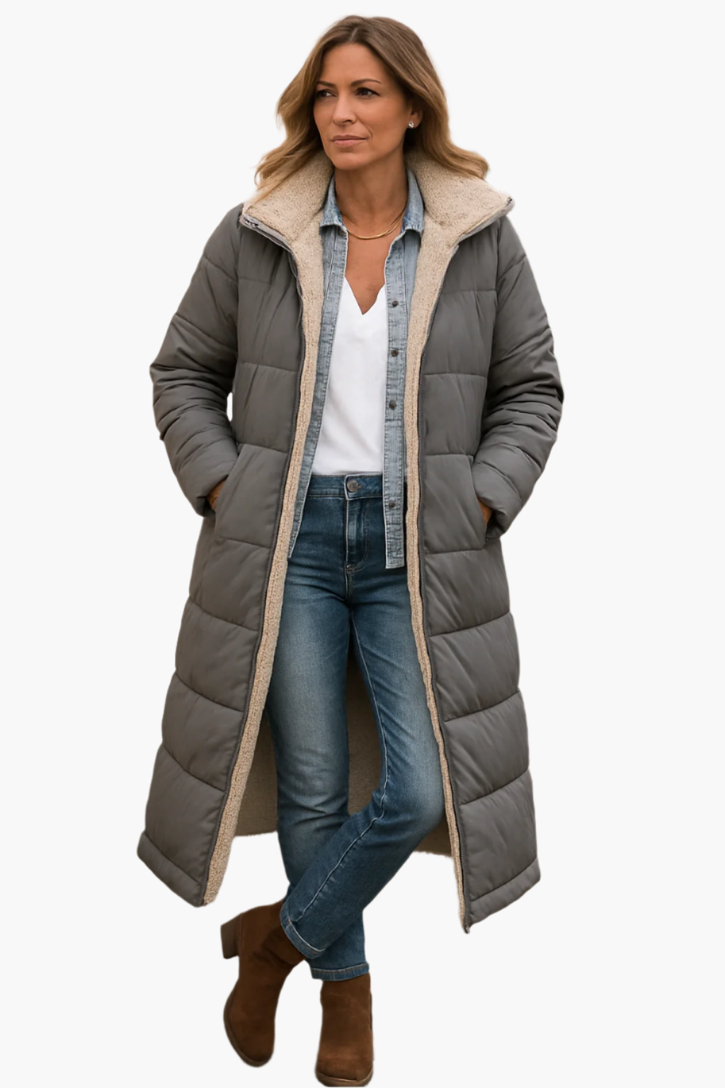 Women's Long Winter Coat with Hood and Reversible Teddy Lining – Stylish Warm Outerwear for Cold Weather