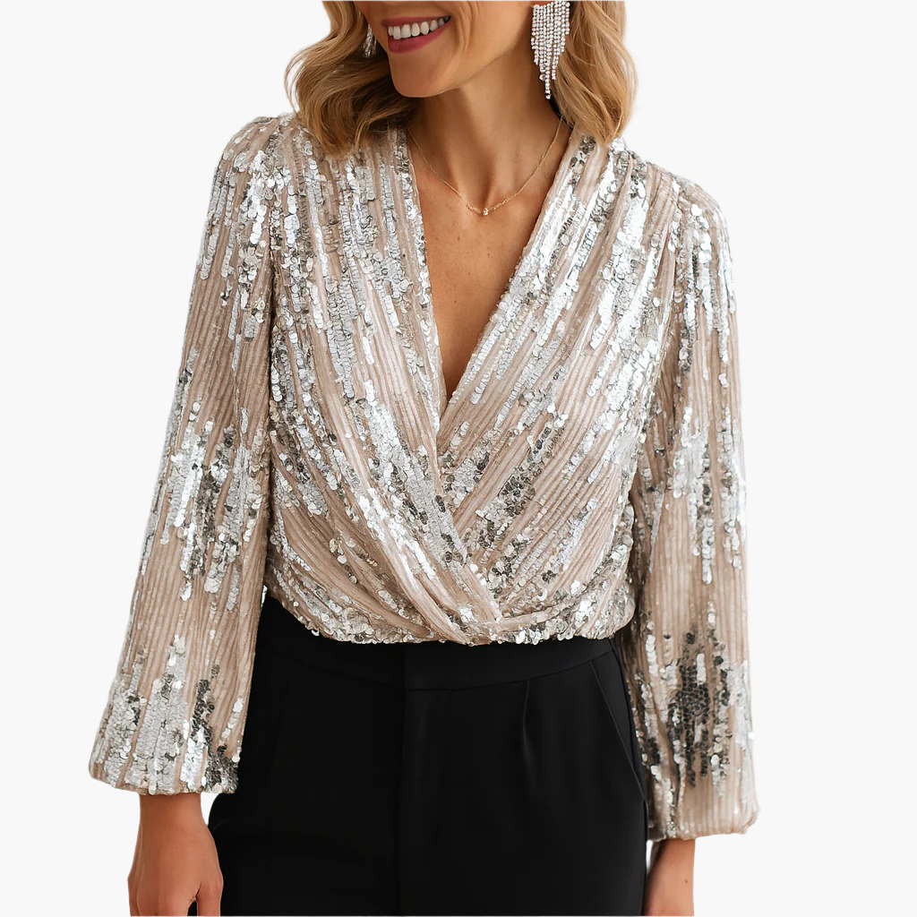 Women's Sequin Wrap Blouse Elegant Party Slim Fit Top